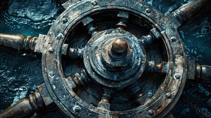 Fototapeta premium Nautical wooden ship's wheel submerged in water during twilight