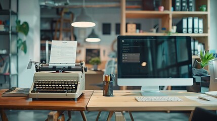Vintage typewriter standing on desk next to modern desktop computer in creative agency showing technological evolution