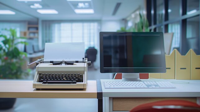 Vintage typewriter and modern computer showing technological evolution in office space