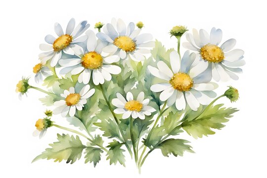 Watercolor feverfew flowers on white background, Ai Generated