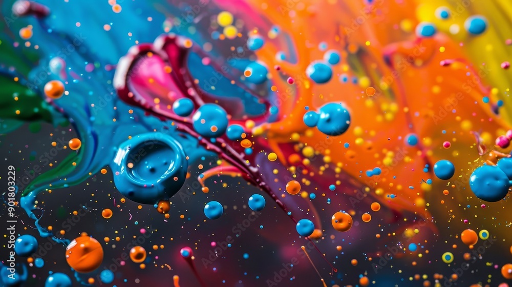 Poster vibrant splashes of colorful paint on a black surface create an abstract design