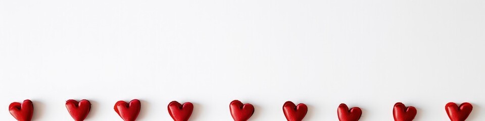 Fototapeta premium A minimalist Valentine's banner with a single line of small red hearts creating a border at the bottom, against a clean, stark white background for contrast