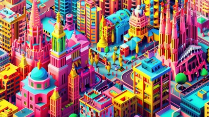 Fototapeta premium Colorful 3D cityscape with geometric buildings.