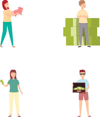 Financial education icons set cartoon vector. Teenager learning investment basic. Saving money