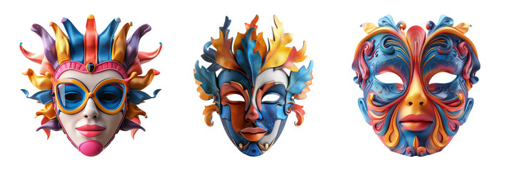 Three Intricate Colorful Venetian Masks with Unique Designs on Black Background