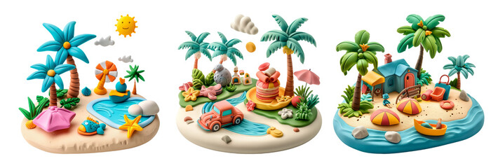 Naklejka premium Bright Tropical Clay Art: Beach Scenery with Palm Trees, Sun, Clouds, and Colorful Decorations