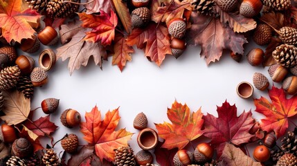 Obraz premium Decorative frame made of colorful autumn leaves and acorns is surrounding a white background