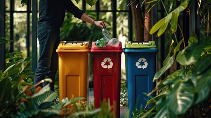 People take out plastic bags of trash or recycling bins. Recyclable Bottles Garbage Bin. AI generated image