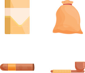 Smoking tool icons set cartoon vector. Cigarette, cigar and smoking device. Tobacco product