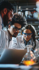 Fototapeta premium Three scientists are working together on a laptop computer