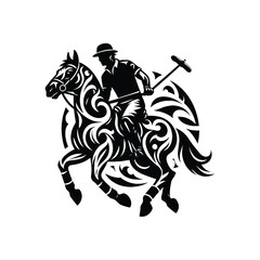 polo player riding horse male player with ethnic tribal tattoo, gothic, pattern illustration, emblem shield badge