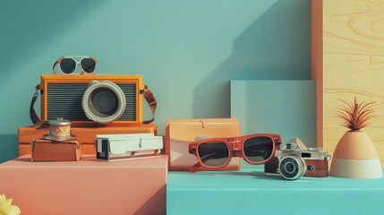 Vintage cameras and sunglasses on colorful display