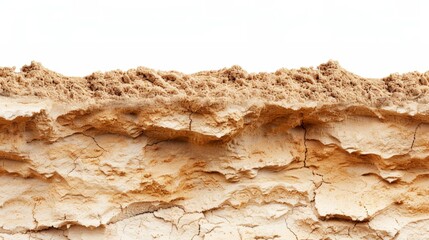 Close-up of a cracked, dry soil layer against a white background, representing drought, erosion, and arid environments.