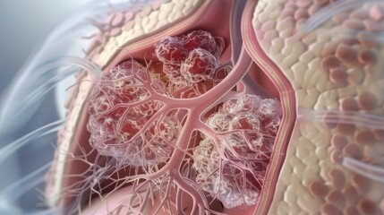 Close-up of human lung tissue showing alveoli and blood vessels, highlighting respiratory function in a medical and biological context.