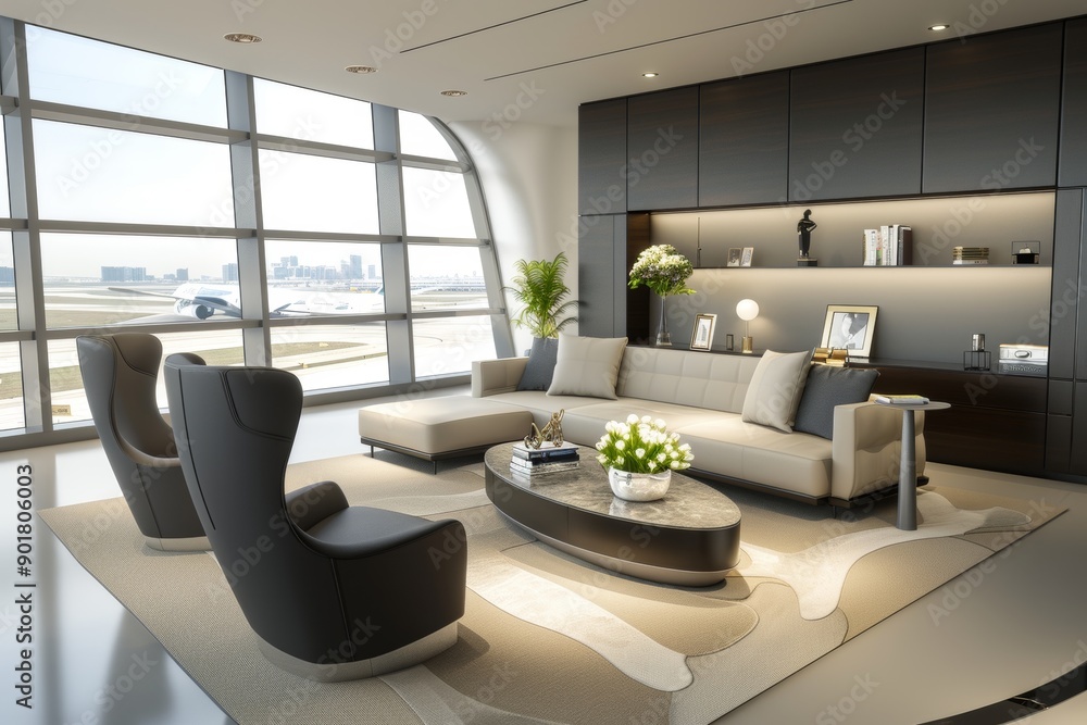 Poster modern lounge area with comfortable seating large windows and a sleek design offering a stylish and 