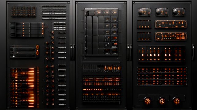 Retro styled computer control panel with switches, dials, and gauges glowing in orange, evoking vintage technology and sci-fi aesthetics.