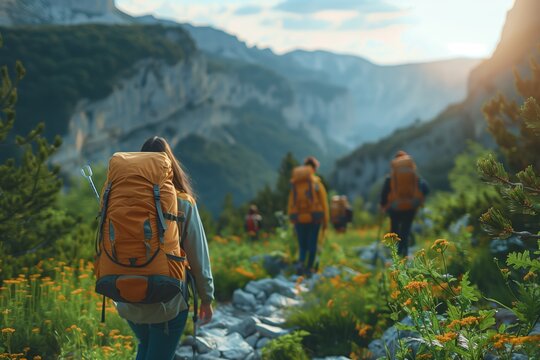 Group of Hikers Trekking Through Colorful Wildflowers in a Mountain Valley at Sunset
