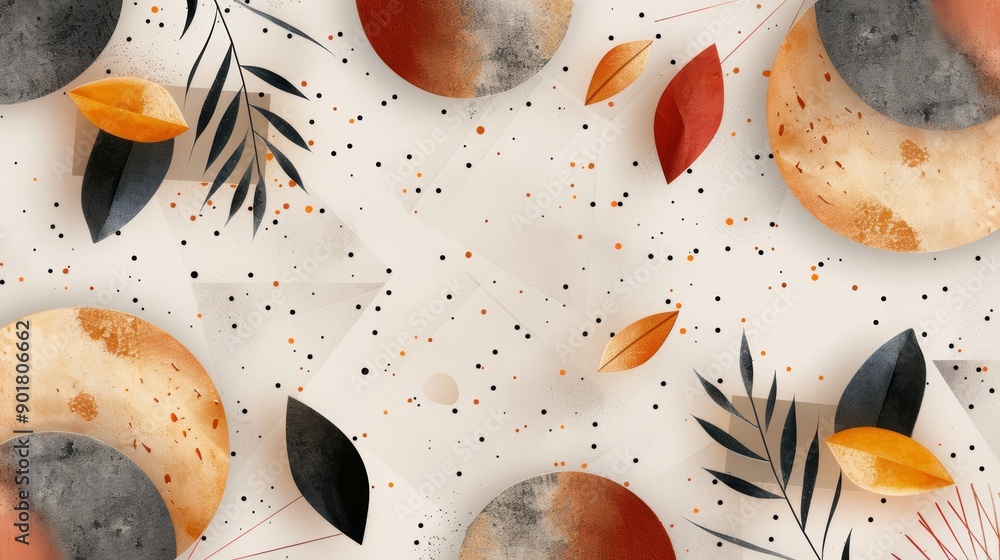 Poster abstract pattern with geometric shapes and leaves in autumn colors. modern illustration with circles