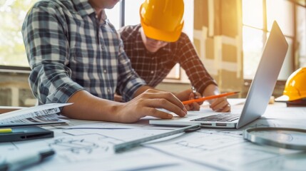 Two men are working on a laptop in a construction site