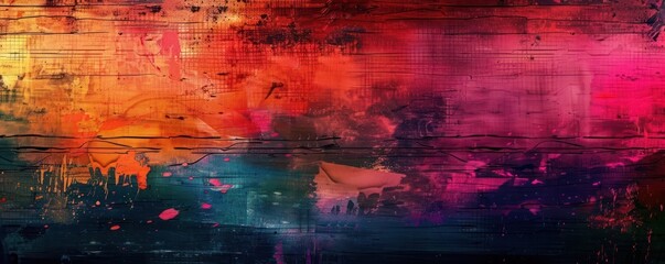 Naklejka premium Abstract grunge art wall with a mix of bright colors and textured layers, forming a vivid and dynamic background.
