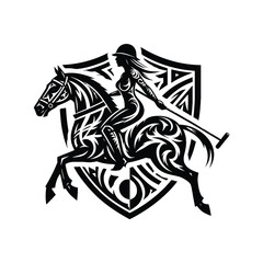 Obraz premium polo sport female player with ethnic tribal tattoo, gothic, pattern illustration, emblem shield badge