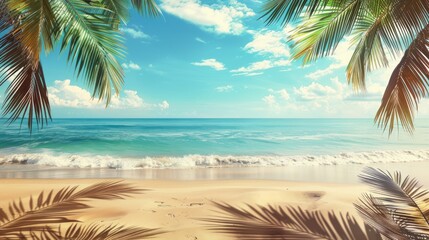 Palm tree leaves frame a serene tropical beach scene.