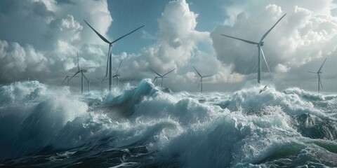 A group of wind turbines floating on the surface of the ocean, with the blue water and sky in the background