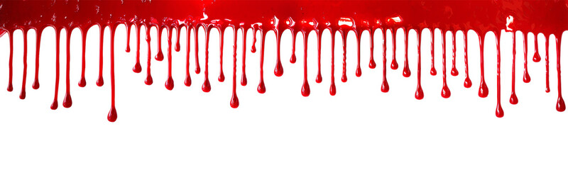 Thick red blood drips isolated on transparent panoramic background, line of dripping blood, horror, crime, or Halloween web banner, png file