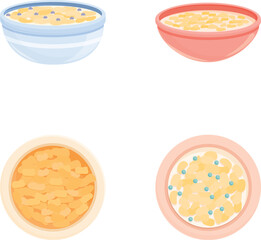 Milk cornflake icons set cartoon vector. Bowl of breakfast cereal and cornflake. Food concept