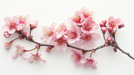 Pink cherry blossom on white background, isolated Sakura tree branch -
