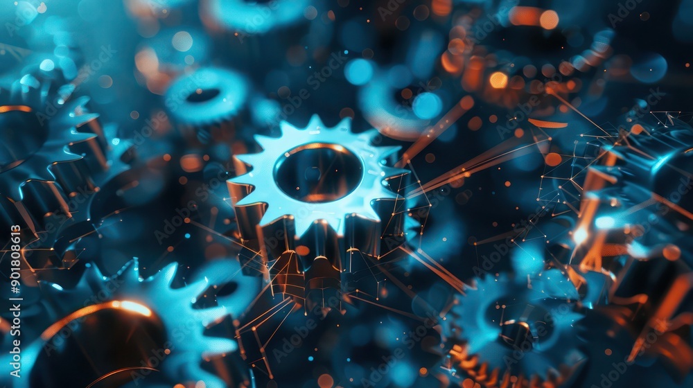 Poster abstract representation of gears interconnected in a complex system, symbolizing business success an