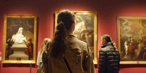 Obraz premium A woman stands in front of paintings in a museum, taking time to appreciate the artwork