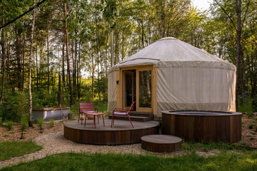 Exterior of stylish travel accommodation - yurt