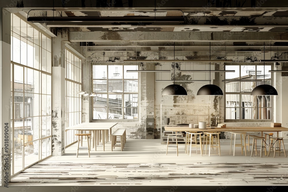Poster industrial style office with exposed brick walls large windows and rustic furniture creating a creat