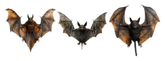 Three Bats with Outstretched Wings in a Dark and Mysterious Atmosphere on a Transparent Background