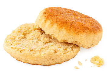Plain scone cut in half isolated on white.