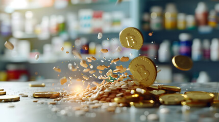 Artistic Split Coin Image, Symbolizing Shared Financial Responsibility of Co-Pays, Pharmacy Counter Backdrop