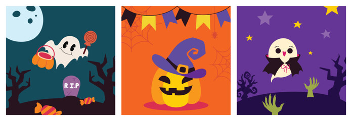 Halloween Banners with Cute Ghosts, Pumpkins, and Vampires in Flat Vector Illustration