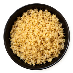 Cooked white quinoa in a black ceramic bowl isolated on white from above.