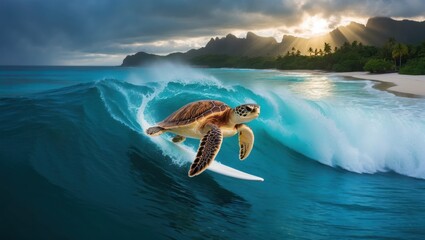 Obraz premium A sea turtle surfing on ocean waves with a scenic coastline and lush mountains in the background.