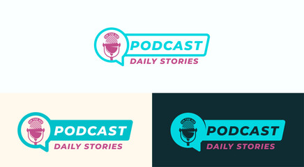 Podcast Mic Logo Templates Set. Retro Radio Broadcasting Microphone with Typography and Speech Bubble Symbol. Media Audio Show Emblems Design Bundle Isolated