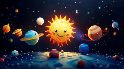 Naklejka premium A cheerful sun surrounded by colorful planets in a vibrant cosmic scene, perfect for children's themes and educational content.