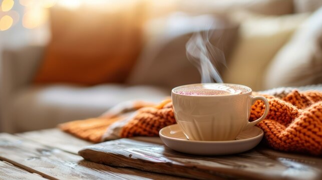Steaming cup of coffee on a rustic wooden table.
