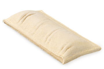 Uncooked frozen filled puff pastry isolated on white.