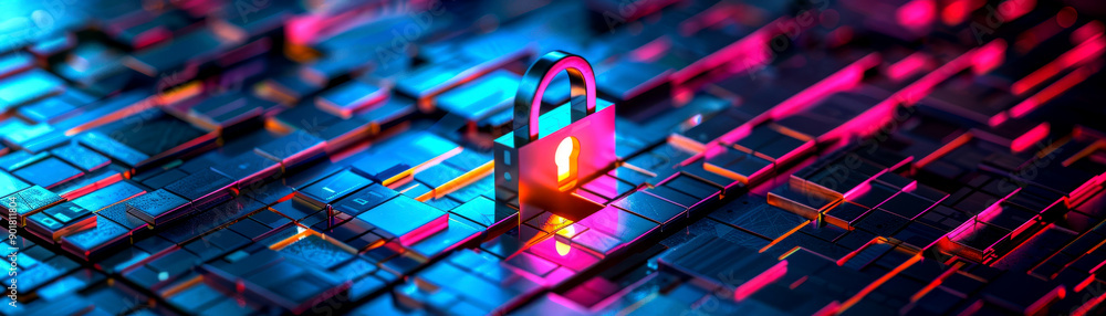 Poster a vibrant digital landscape featuring a lock symbolizing cybersecurity amidst colorful circuit patte