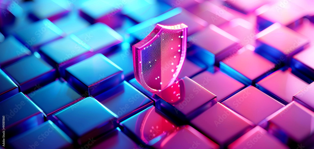 Poster a vibrant digital shield symbolizing protection and security amidst glowing keyboard keys, represent