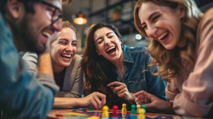 Naklejka premium Friends laughing over a board game piece accidentally knocked over
