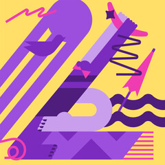 Image of a girl on the beach with a boomerang. Poster to print and use online. A composition of abstract elements in a modern style.