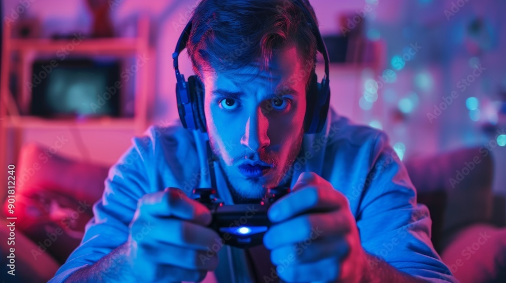 Poster A man is playing a video game with a controller in his hand