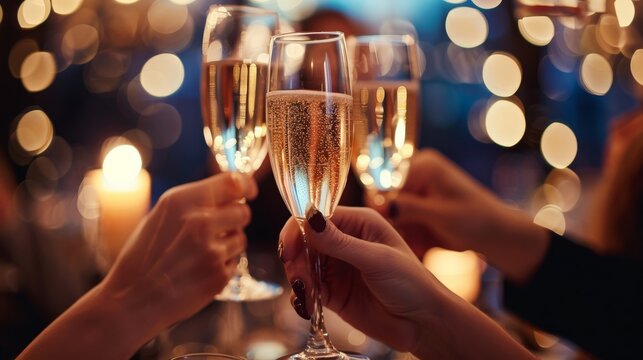 Group of friends toasting with champagne at a fine dining restaurant after work